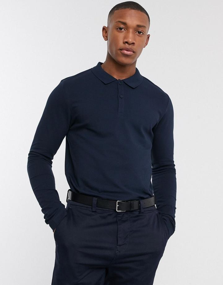 Selected Homme Organic Cotton Long Sleeve Pique Polo In Navy