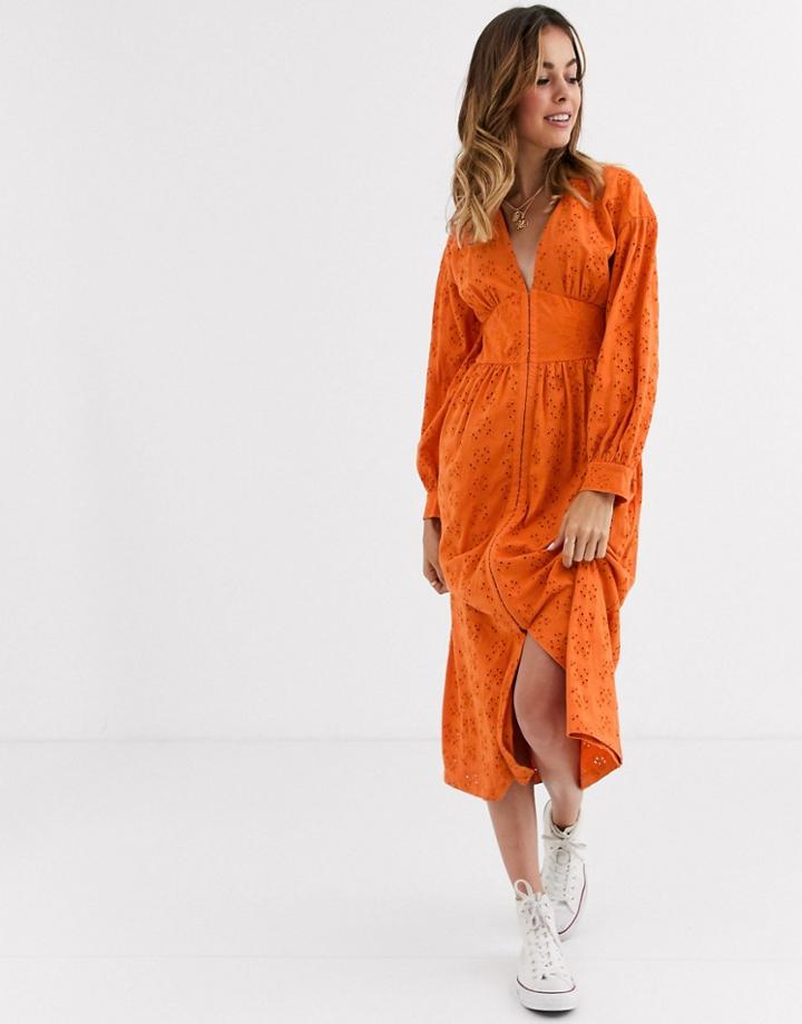 Asos Design Broderie Midi Dress With Hook And Eye-orange