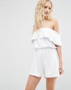 Asos Off Shoulder Bandeau Romper With Buttons - White