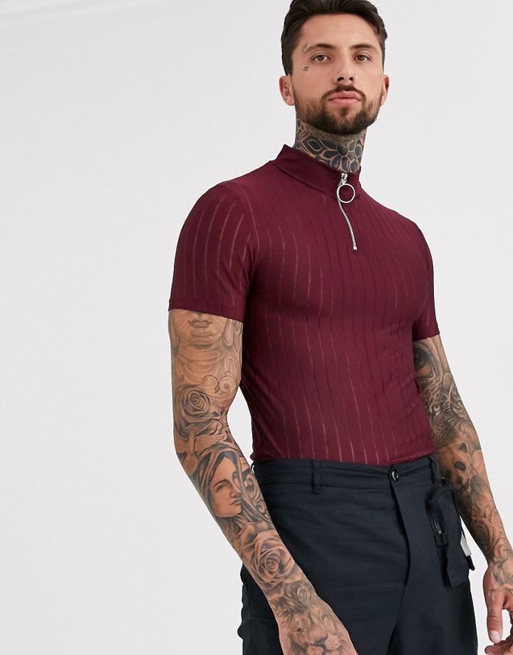Asos Design Skinny T-shirt With Turtle Zip Neck In Burgundy-red