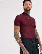 Asos Design Skinny T-shirt With Turtle Zip Neck In Burgundy-red