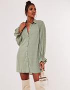 Missguided Shirt Dress With Frill Cuff In Mint Polka-green
