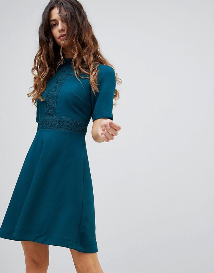 Oasis Lace Insert Skater Dress - Green