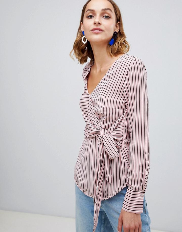 Warehouse Tie Front Blouse In Stripe - Multi