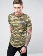 Only & Sons Camo Longline T-shirt With Curved Hem And Badges - Green