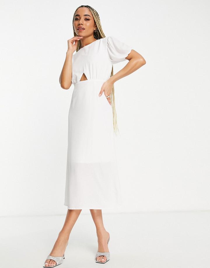 Missguided Puff Sleeve Cut Out Midi Dress In White