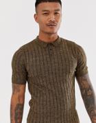 Asos Design Knitted Ribbed Polo Shirt In Tan Twist - Tan
