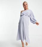Asos Design Maternity One Shoulder Blouson Midi Dress In Linen-blues