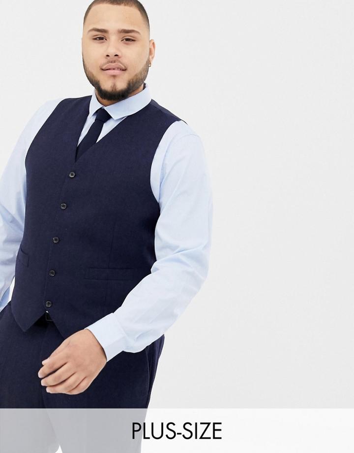 Gianni Feraud Plus Slim Fit Large Navy Herringbone Wool Blend Vest - Navy