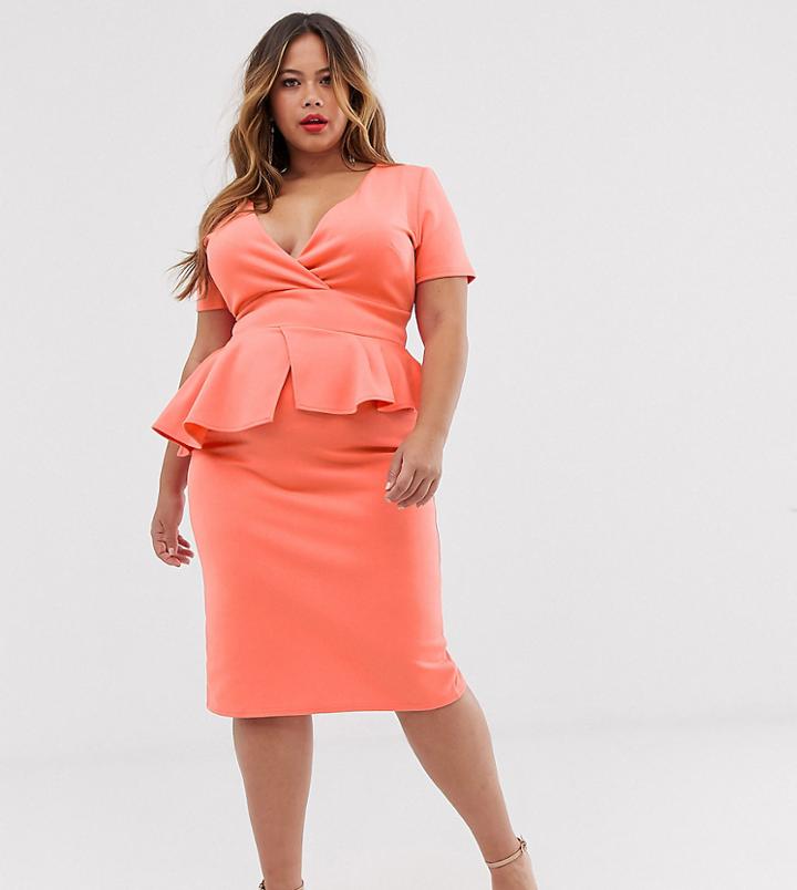 True Violet Plus Midi Pencil Dress With Peplum In Coral-pink