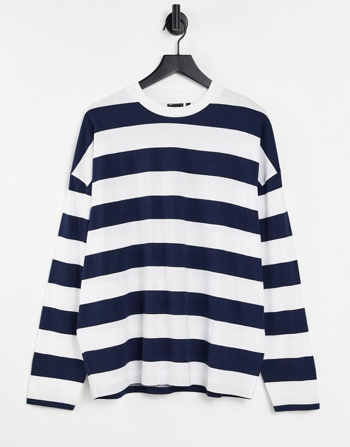 Asos Design Oversized Long Sleeve Stripe T-shirt In Navy And White