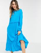 New Look Tie Neck Midi Smock Dress In Blue-blues