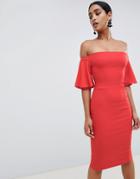 Vesper Bardot Midi Dress With Frill Sleeve - Red