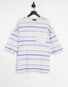 Asos Daysocial Oversized Striped T-shirt With Chest Pocket And Embroidered Logo In Gray-grey