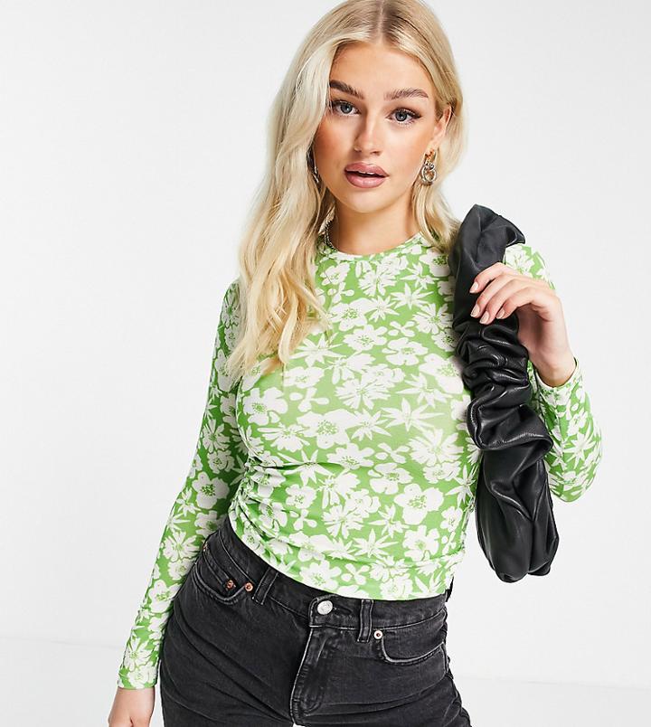 Topshop Petite Floral Mesh Top In Green