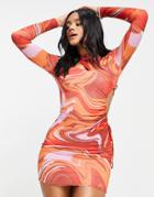 Missguided Cut Out Shoulder Slinky Mini Dress In Red Marble Print