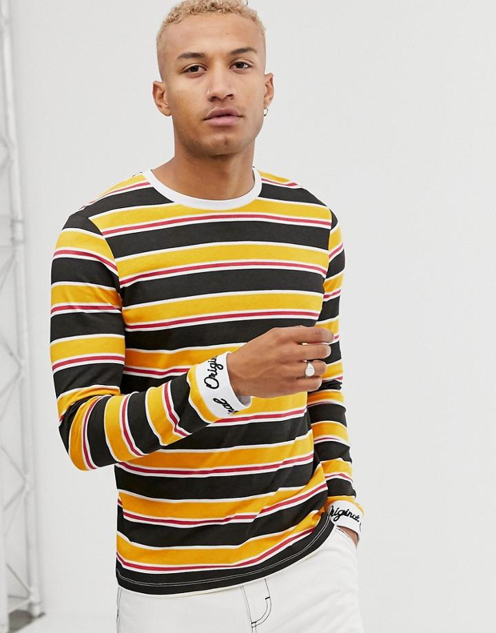 Asos Design Long Sleeve Striped T-shirt With Cuff Embroidery - Multi