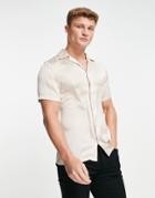 River Island Satin Revere Shirt In Stone-neutral