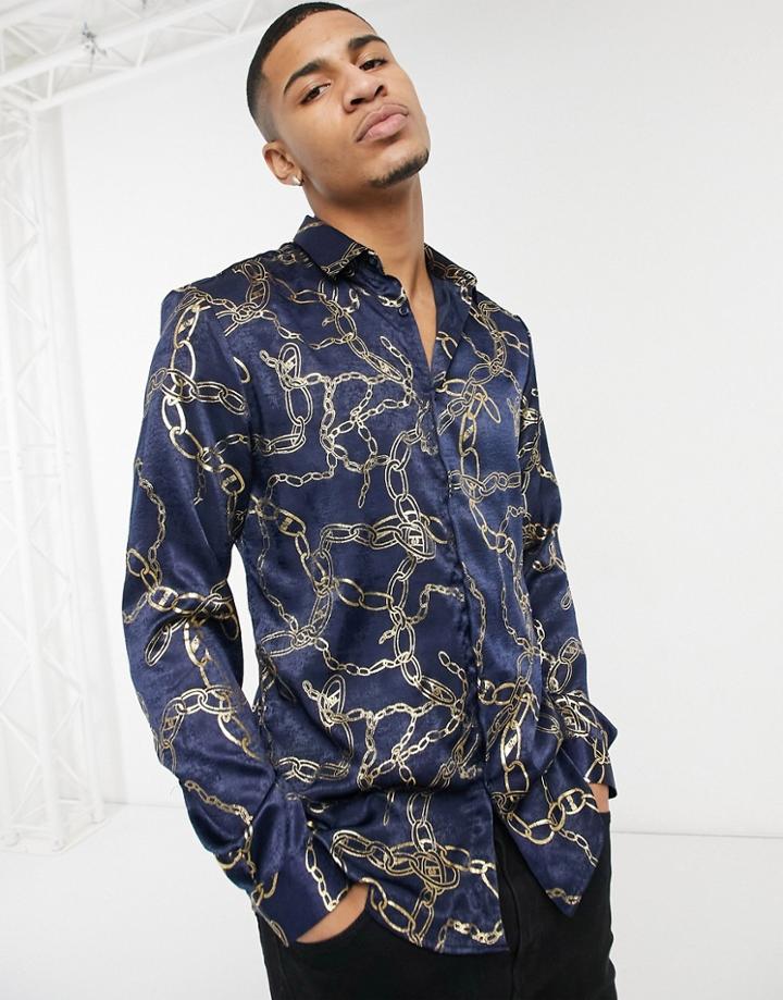 River Island Long Sleeve Shirt With Chain Print In Black