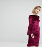 True Violet Velvet Fluted Sleeve Midi Dress With Open Back-red