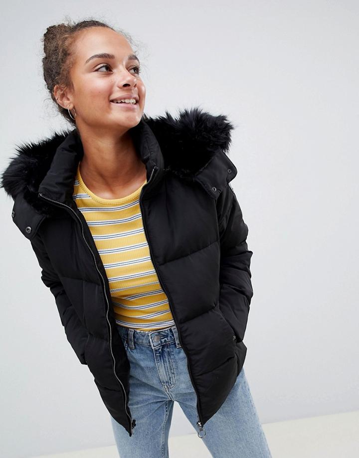 Only Rhonda Down Quilted Jacket With Faux Fur Trim - Black