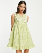 Vintage Supply Mini Smock Dress In Green Gingham With Collar Detail