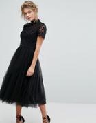 Chi Chi London High Neck Lace Midi Dress With Tulle Skirt - Black