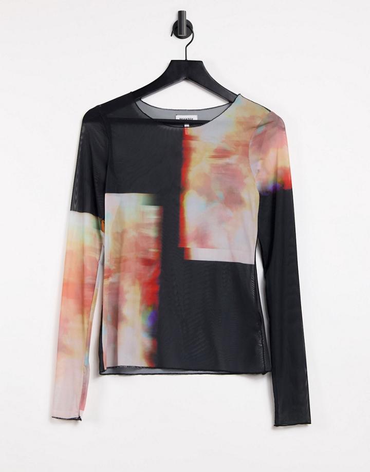 Weekday Camine Long Sleeve Mesh Top In Abstract Print-black