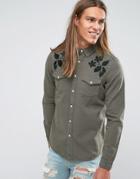 Asos Regular Fit Denim Shirt With Western Detail In Black Overdye - Green