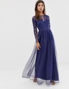 Asos Design Long Sleeve Maxi Dress In Embroidered Mesh - Blue