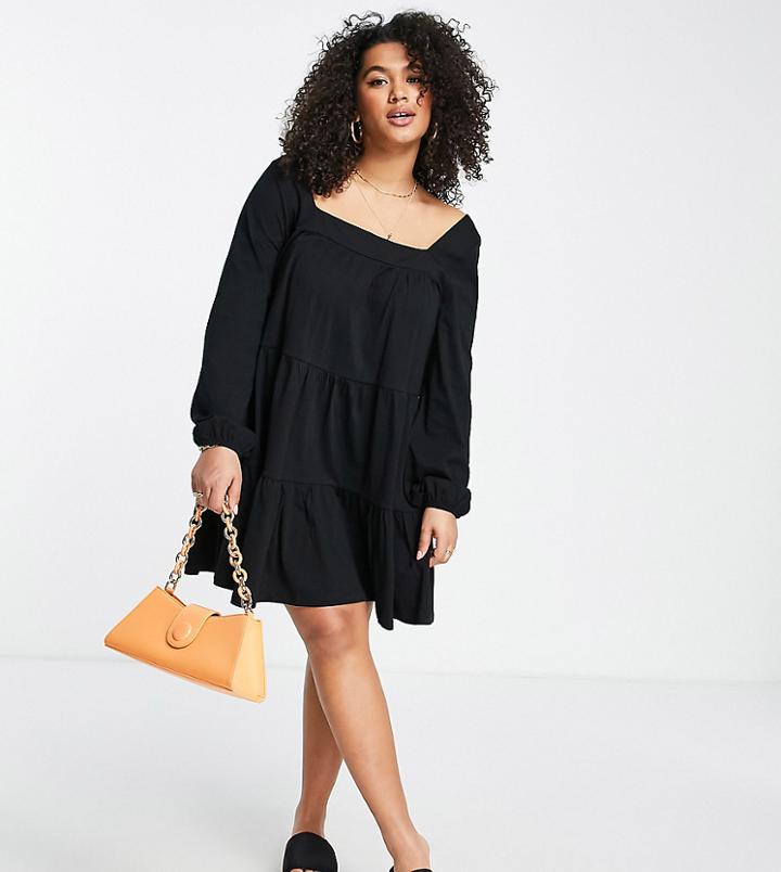 Asos Design Curve Tiered Square Neck Smock Mini Dress In Black