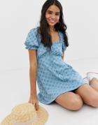Asos Design Puff Sleeve Broderie Tea Dress - Blue