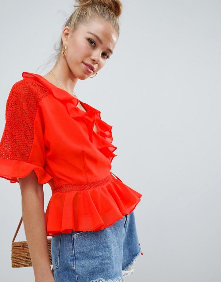Asos Design Sheer Wrap Top With Lace Inserts - Black