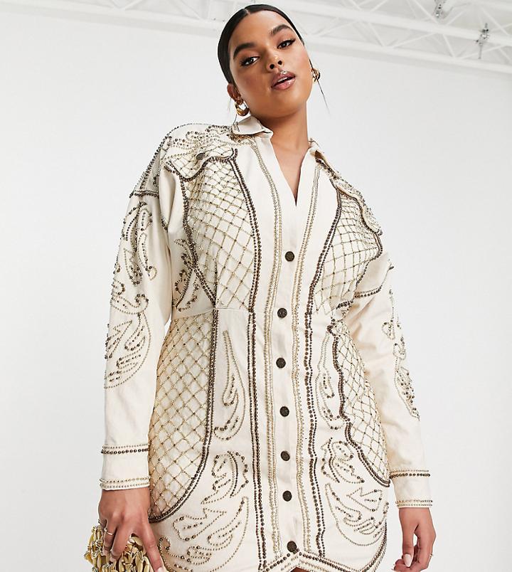 Asos Design Curve Structured Mini Dress With Pearl Embellishment-white