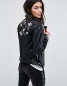 Vila Embroidered Leather Look Biker Jacket - Black