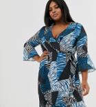 Outrageous Fortune Plus Ruffle Wrap Dress With Fluted Sleeve In Mixed Print-multi