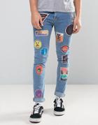 Asos Super Skinny Jeans With All Over Badges In Mid Blue - Blue