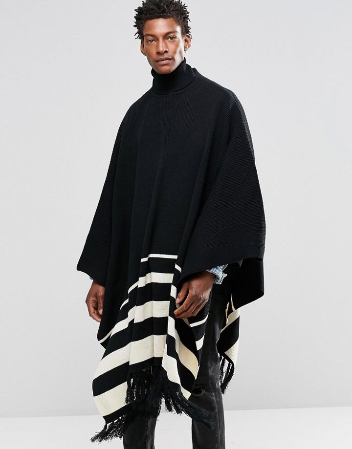 Asos Roll Neck Poncho In Black With Stripe - Black
