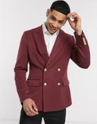Asos Design Skinny Double Breasted Blazer With Gold Buttons In Burgundy-red