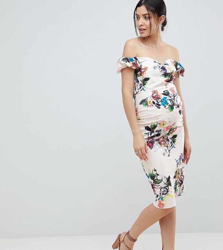 Little Mistress Maternity Bardot Scuba Pencil Dress In Floral Print In Cream Multi - Cream