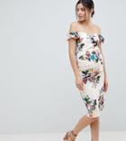 Little Mistress Maternity Bardot Scuba Pencil Dress In Floral Print In Cream Multi - Cream