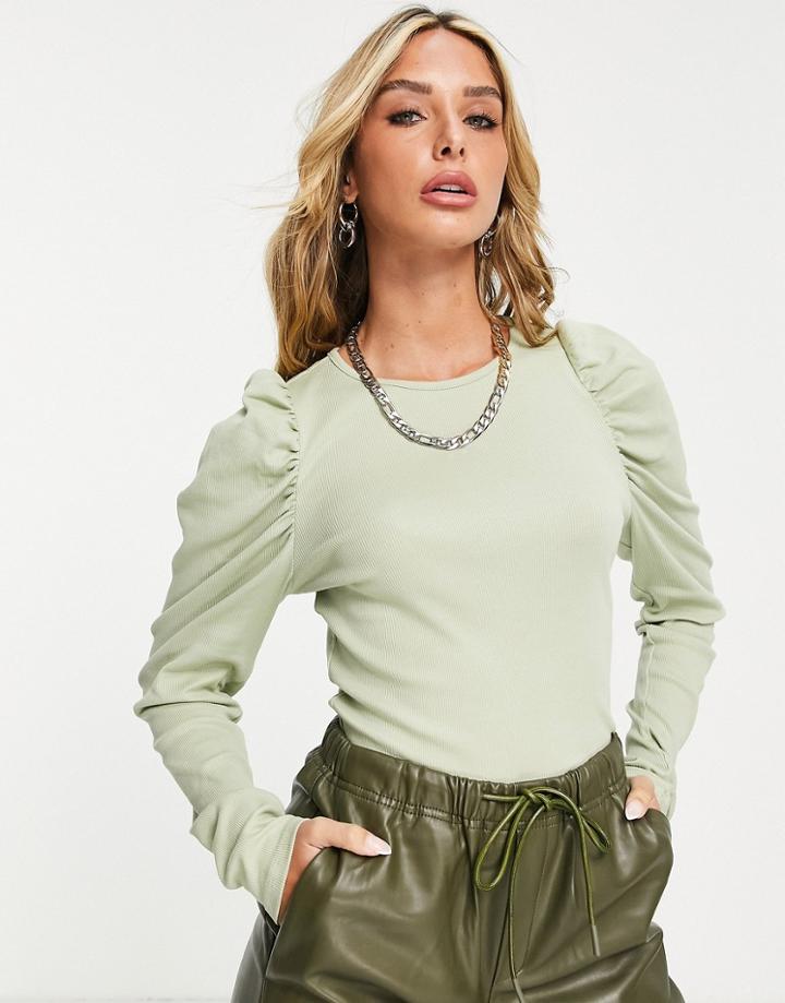 Monki Puff Sleeve Cotton Top In Pistachio-green