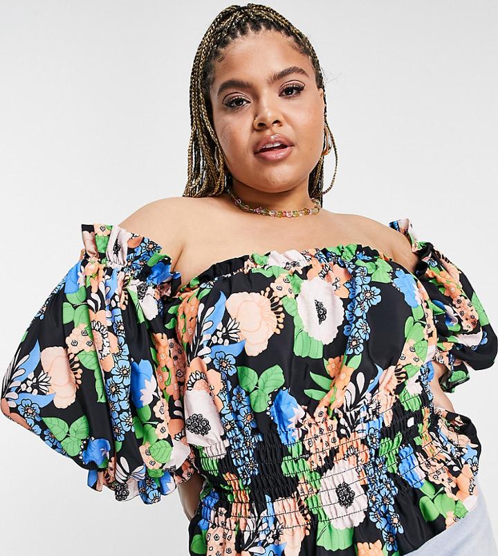 Asos Design Curve Bardot Top With Shirring In Floral Print-multi