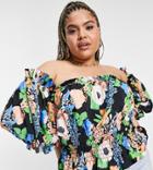 Asos Design Curve Bardot Top With Shirring In Floral Print-multi
