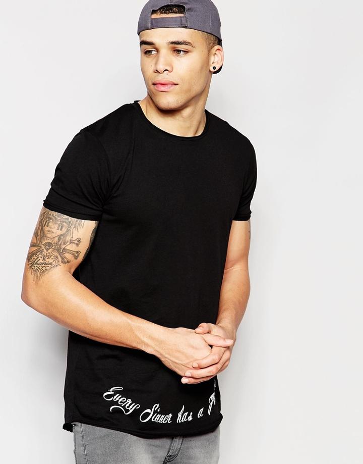 Asos Super Longline T-shirt With Crew Neck And Printed Use Code Hem - Black