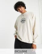 Reclaimed Vintage Inspired Unisex Organic Cotton Reversed Sweatshirt With Mountain Logo Embroidery In Ecru-white