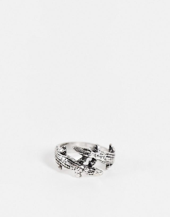 Asos Design Ring With Double Crocodile Design In Burnished Silver Tone