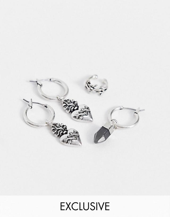 Reclaimed Vintage Inspired Unisex Earrings With Stone And Heart Charms In Silver 4 Pack