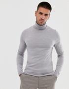 Asos Design Merino Wool Roll Neck Sweater In Light Gray Marl
