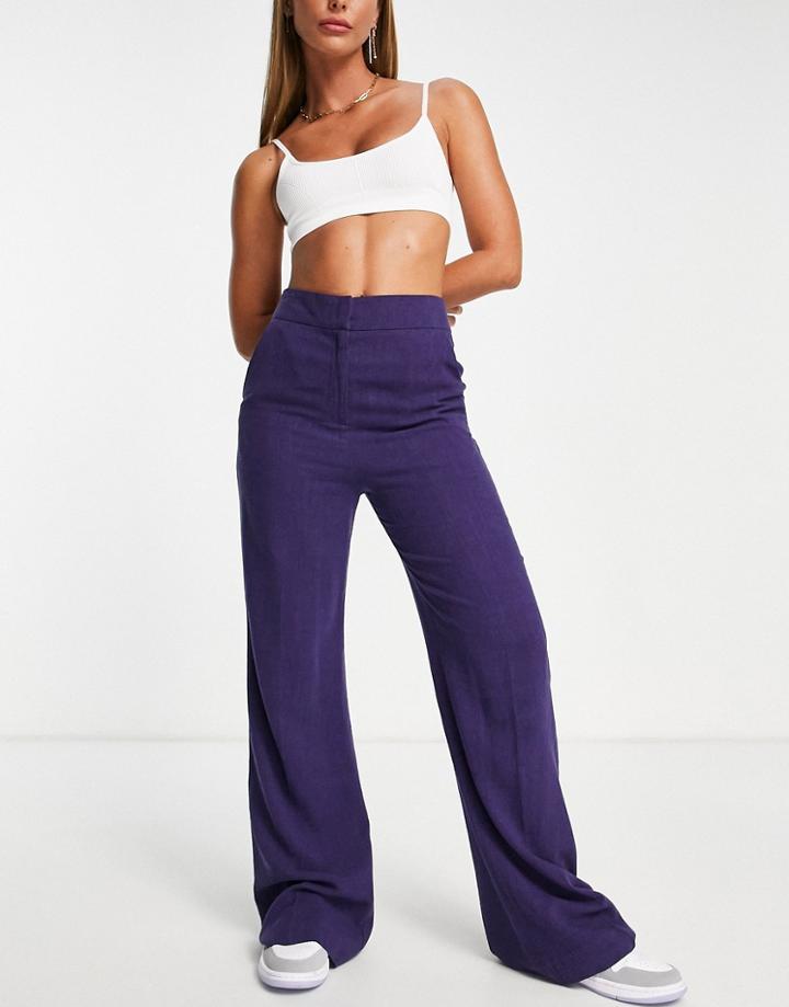 Asos Design Linen Wide Leg Relaxed Flare Pants In Purple-navy